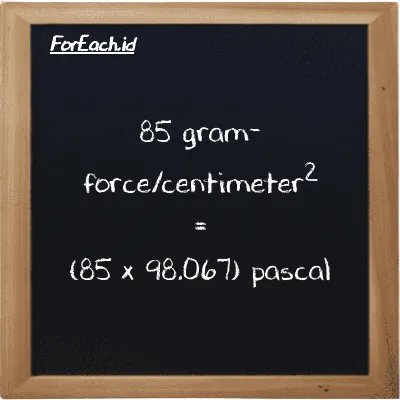 How to convert gram-force/centimeter<sup>2</sup> to pascal: 85 gram-force/centimeter<sup>2</sup> (gf/cm<sup>2</sup>) is equivalent to 85 times 98.067 pascal (Pa)
